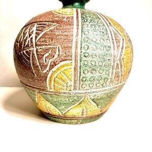 Vintage Handmade Thai village pottery Vase Intricate Carvings Multicolor Design